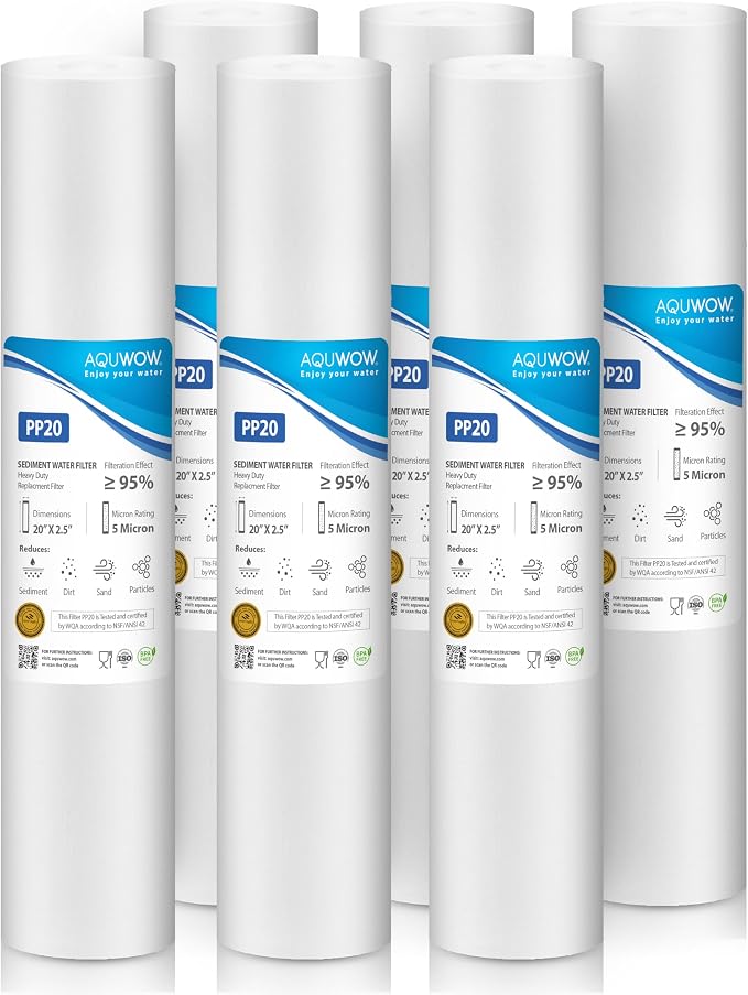 PP20 5 Micron 2.5" x 20" Filter Set – Sediment Replacement Cartridges for Whole House Water Filtration Systems, Universal Standard PP Filters (6, 20 x 2.5)