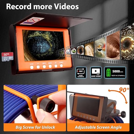 Sewer Camera 100FT/30M Pipe Inspection Borescope Endoscope Camera with Light 6 LEDs 5" IPS Screen 17MM Plumbing Snake 5000 Mah Battery,1080P High-Definition Industrial Sewer Camera