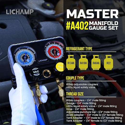 Lichamp HVAC R410A Manifold Gauge Set AC R134A, Freon R22 R32 410A 134A Diagnostic Manifold Gauge and 1/4 HP 3.5 CFM Vacuum Pump, HVAC Single Stage Vacuum Pump for R134a R410a R22 R12