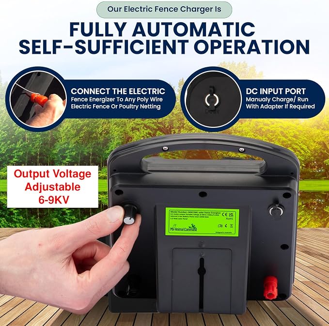 Solar Powered Electric Fence with Lithium Battery Energizer Containment & Protection of Livestock Horses Cattle Sheep Pets Easy Install Charger 0.2 Joules Output (6-9KV)