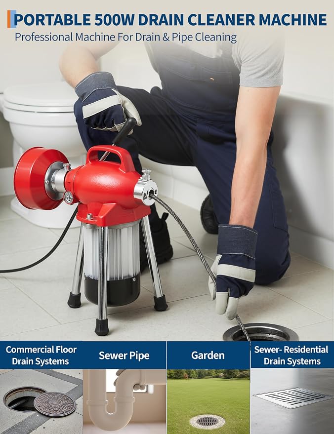 Professional Drain Cleaning Machine, Electric Sewer Snake Auger 500w 400RPM, Heavy-Duty Auto-Feed with 66Ft / 16Ft Cables & 6 Cutters for 3/4" to 4" Pipes for Sink Toilet Drainage