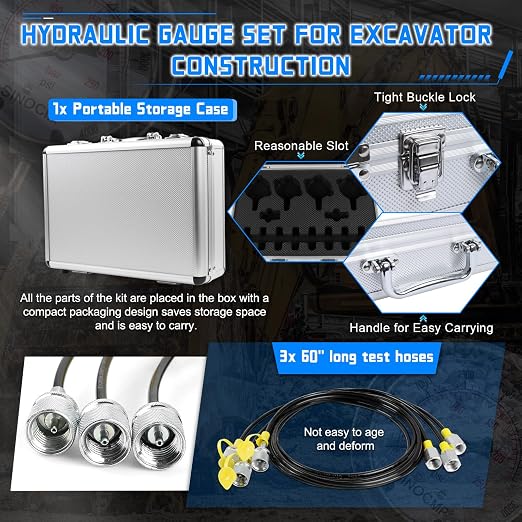 Hydraulic Pressure Test Kit with 4 Gauges 10 Couplings 3 Hoses, Hydraulic Tester Gauge Set 10Mpa/25Mpa/40Mpa/60Mpa for Excavator Construction Machinery