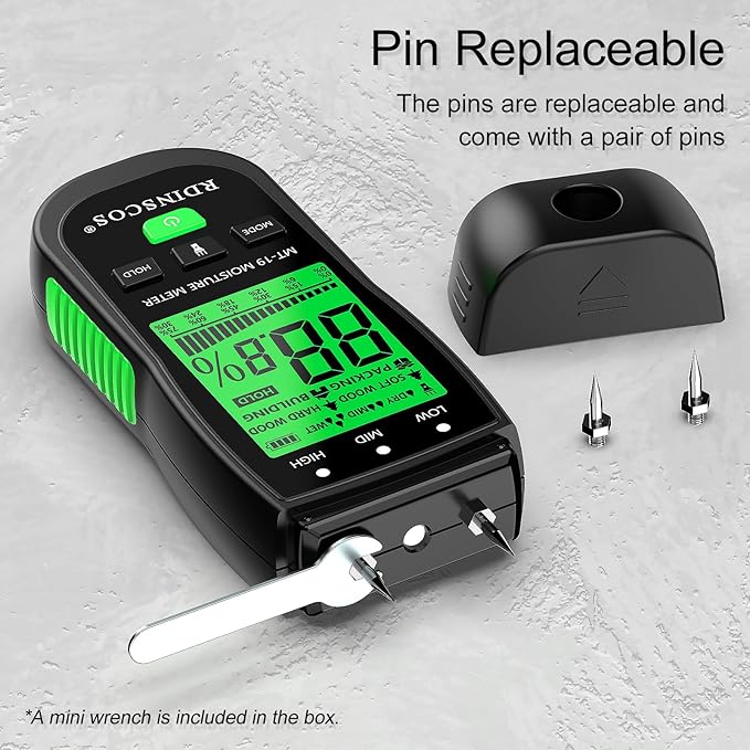 RDINSCOS Wood Moisture Meter for Hardwood and Softwood | Replaceable Pin Moisture Tester with Batteries