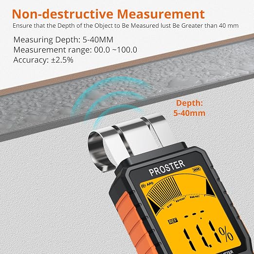 Proster Rechargeable Moisture Meter - Wall Moisture Meter with 5 Modes (Index, Concrete, Cement, Plaster, Wood) & 3-Colour Screen, Pinless Damp Tester with Visual & Sound Alerts Detects up to 40mm