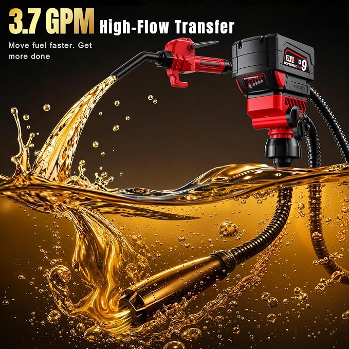 Fuel Transfer Pump for Milwaukee M18 Batteries, Cordless 3.7 GPM Flow | Gas Can Pump Kit with Locking Nozzle, 3 Adapters for Gasoline, Diesel, Kerosene & Light Oil, Battery Not Included