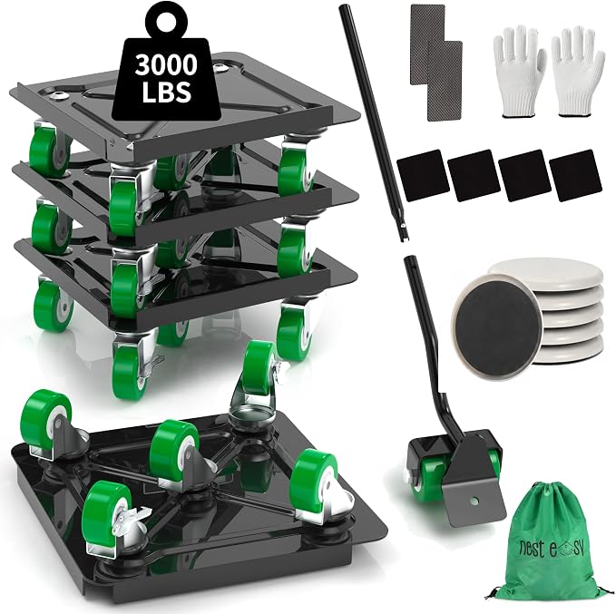 NEST EASY Heavy Duty Furniture Dolly 360° Rotating 5 Wheels, Alloy Steel Furniture Movers Up to 3000 lbs/1360 Kg Load Capacity with Sliders (5.3x5.3 in)