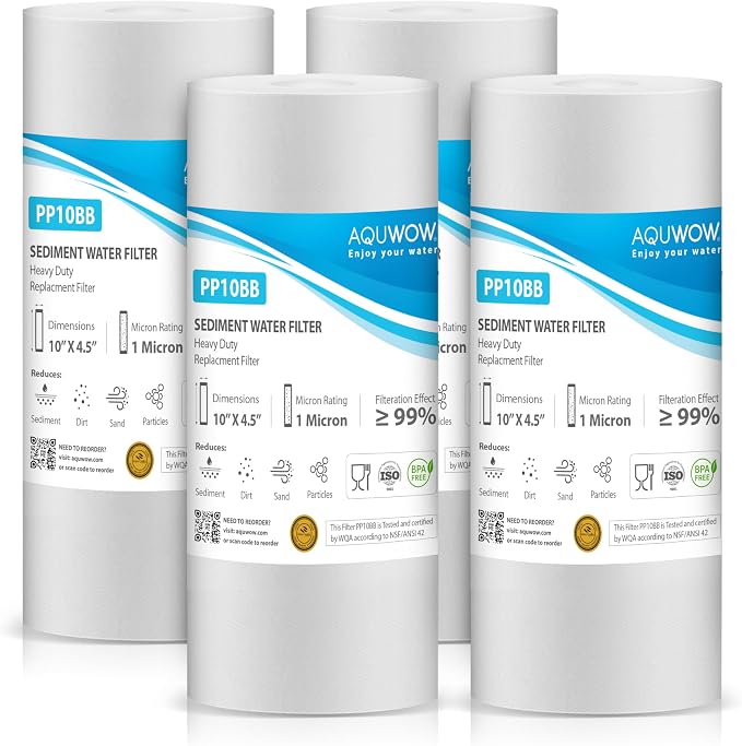 PP10BB 1 Micron 4.5" x 10" Polypropylene Filter Set – Replacement Cartridges for Whole House & Under-Sink Water Systems, Durable Sediment Pack (4, 10 x 4.5)