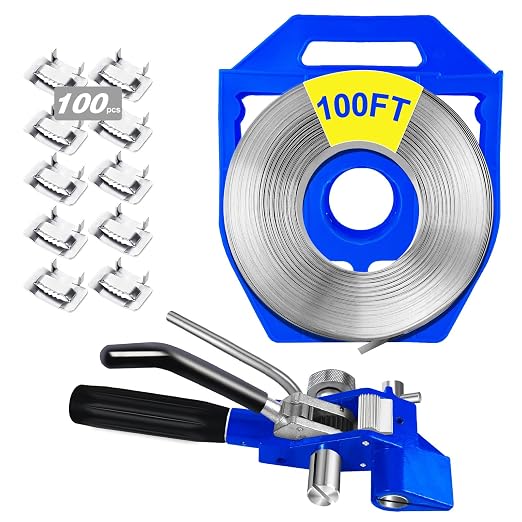 VerRich Banding Strapping kit with 3/16"~3/4" Stainless Strapping Tensioner Tool,100 Feet * 3/4" Wide * 0.03" Thick Banding Strap,100 Pcs Ear-Lokt Buckles for High Tensile,Cutting,Heavy Duty Package.