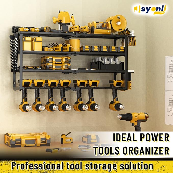 Heavy Duty Power Tool Organizer Wall Mount, Cordless Drill Hanger Storage Rack, Battery Tool Holder Utility Rack with Side Wrench Rack for Garage Workshop-32 Inch 8 Slots