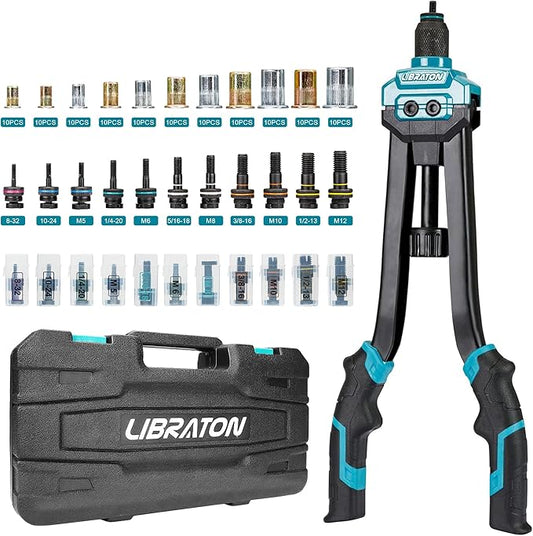 LIBRATON 16" Rivet Nut Tool, Rivet Nut Gun, Hand Rivet Nut Setter with 110PCS Rivet Nuts, 11PCS Metric & SAE Interchangeable Mandrels and Carrying Case, Easy Replace