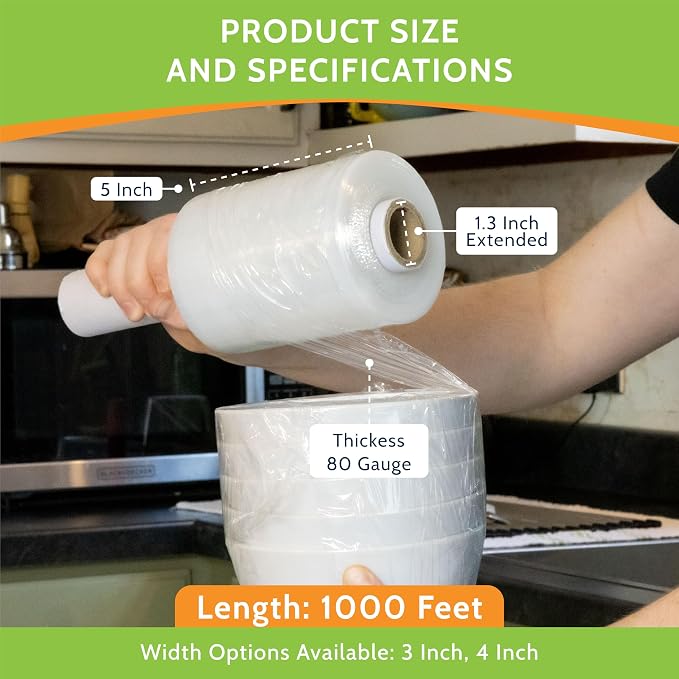 PSBM Mini Plastic Stretch Wrap Film with Handles 5"x1000' 80 Gauge 12 Rolls | Extended Core Handles, Heavy Duty Upto 500% Strength Plastic Shrink Film for Moving, Packing, Shipping & Industrial Packaging