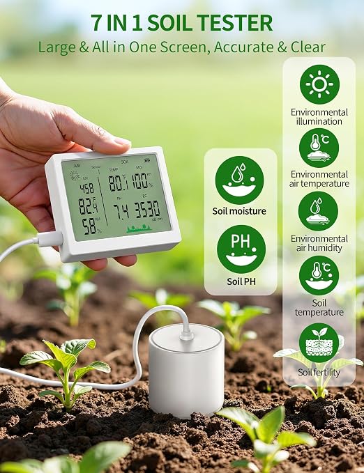 7 in 1 Soil Meter, Digital Soil Test Kit of PH/Sunlight/Fertility/Soil & Air Temp, Humidity Meter for Indoor & Outdoor Plant, Growing Environment Tester with Large LCD Display for Farm, Garden & Lawn
