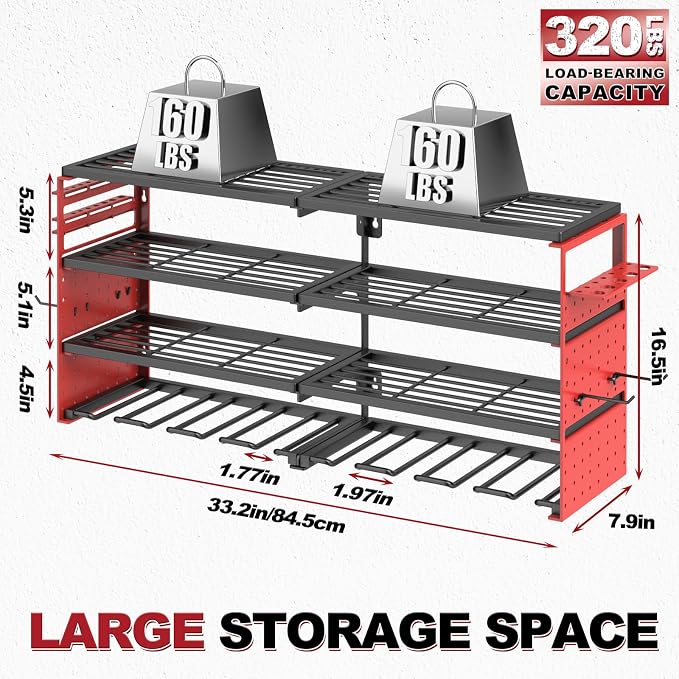 Power Tool Organizer Wall Mount, Cordless Drill Hanger Storage Rack 8 Drill Holder, 4 Layer Heavy Metal Large Capacity Tool Rack for Garage Organization (Red, 8 Drills Holder)