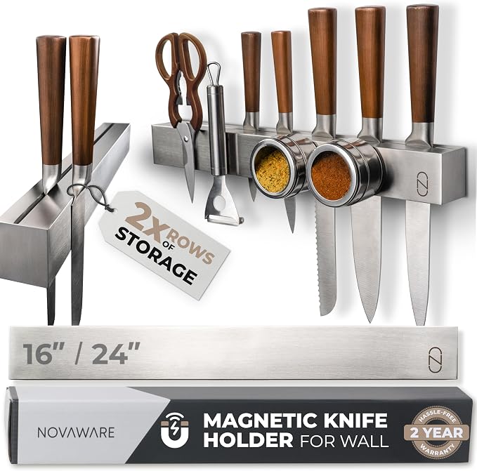 24" Magnetic Knife Holder for Wall with 2x Storage - Safe, Patented Design - Stainless Steel Knife Magnetic Strip, Under Cabinet Knives Storage - Magnet Strip Rack Kitchen Utensil Organizer