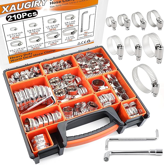 210Pcs Hose Clamps 304 Stainless Steel Assortment Kit,Adjustable 1/4"-2"(6-51mm) Worm Gear Hose Clamp For Fuel Line,Pipeline,Automotive,Radiator Plumbing,Industry,Garden