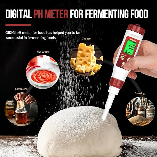 YINMIK Digital pH Meter for Food Fermentation with pH Calibration Solution | Spear Tip Food pH Tester Fermentation, Hot Sauce Canning, Cheese Cooking Sourdough Bread, Water Resistant, Solid and Water
