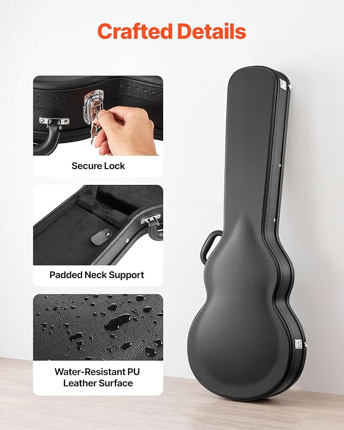 VEVOR Electric Guitar Hard Case, 42.2 Inch, Wooden Hard-Shell Protective Carrying Case with Lock Latch, Sponge Lining, Keys, Accessory Compartment, Water-Resistant, for 39 Inch Les Paul Guitars, Black