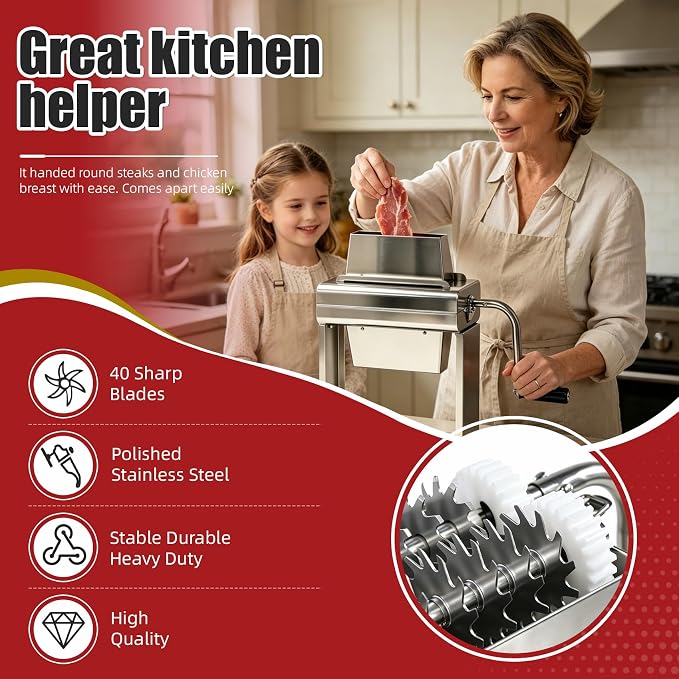 Commercial Manual Meat Tenderizer, 40-Blade Heavy Duty Stainless Steel Butcher Machine for Steak, Chicken, Pork, Lamb, Easy Clean, Large Feed Port for Restaurant, Butcher Shop & Home Use