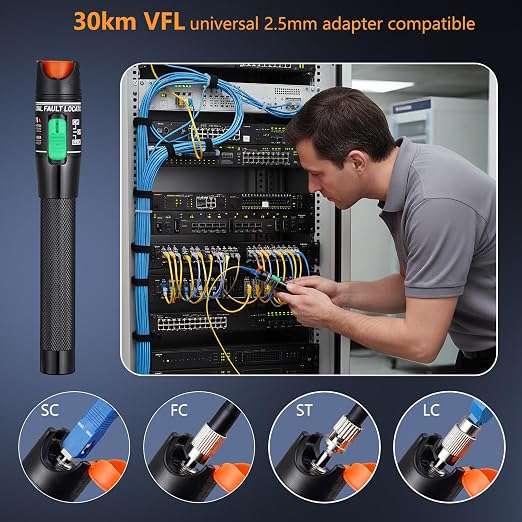 Visual Fault Locator 30KM - VFL Fiber Optic Tester Kit with Universal 2.5mm Connector, Includes FC to LC Adapter, Compatible Single Mode 9/125um & Multimode, Fiber Light & Laser for CATV Telecom