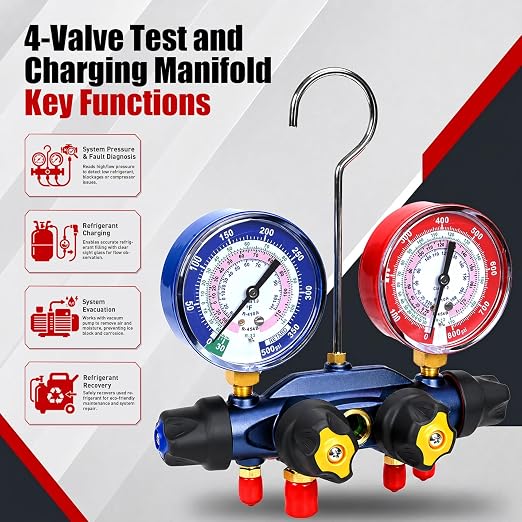 49974 A2L 4-Valve Test and Charging Manifold, 3-1/8" (80mm) Gauges for R-32/R454B/R410A, HVAC Manifold, Hoses Not Included