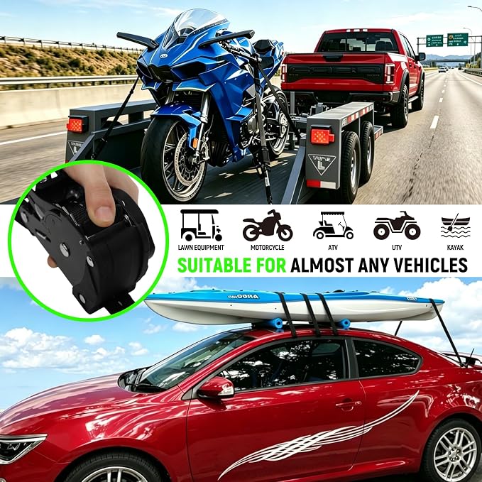Retractable Ratchet Straps (Patented-2pack) - 1 inch x 10Feet (1,800lb Break Strength) Auto Self Retracting Tie Down Straps - Self Retractable Straps with Refletcive for Motorcyle, Truck or Cargo