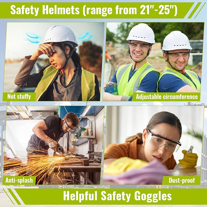 Mumufy 18 Pcs Suspension Hard Hats Safety Helmets Vented Cap Style Helmet with High Visibility Vest Mesh Reflective Anti Fog Safety Goggles Adjustable Temples for Construction Work(White, Yellow)