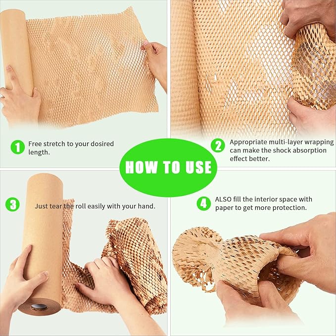 Honeycomb Packing Paper, MINHAO 15"x300' Eco Friendly Packing Paper for Moving Recyclable Honeycomb Paper Moving Supplies Bubble Paper Wrapping Protective Roll, With 36 Fragile Sticker Labels