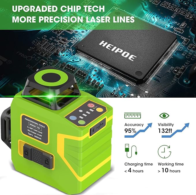 Laser Level Self Leveling 3x360° 3D Green Cross Line for Construction and Picture Hanging, Rechargeable battery, Remote Controller, Magnetic Rotating Stand Included
