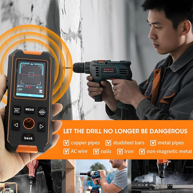Stud Finder Wall Scanner, 5-in-1 Wall Detector with Laser Measure, Stud Locator with Smart Sensor, LCD Display and Voice, ±0.1° Digital Level, Digital Laser Distance Meter 40M/130ft