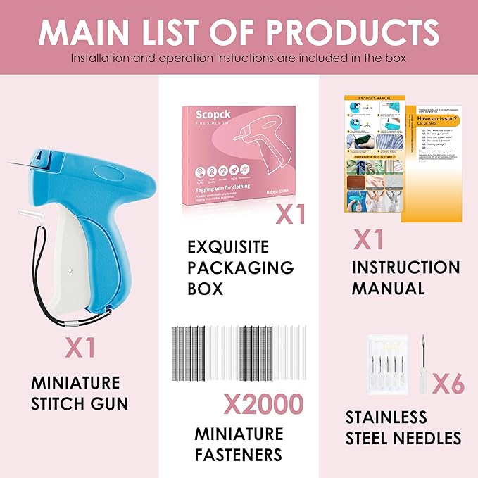 Stitch Gun for Clothes - Handheld Stitch Gun Quick Clothing Fixer - Tagging Gun - Includes 6 Needle, 1000 Black Fasteners & 1000 White Fasteners