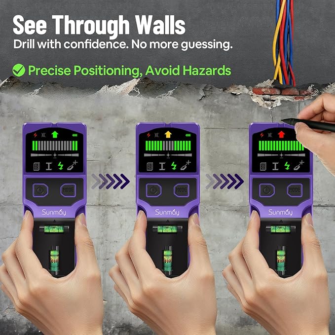 SUNMAY Stud Finder Wall Scanner,7-in-1 Stud Finder for Walls, Stud Detector Beam Finder for Wood Metal AC Live Wire Studs,Joists and Pipes,HD LCD Display,Accurate Positioning