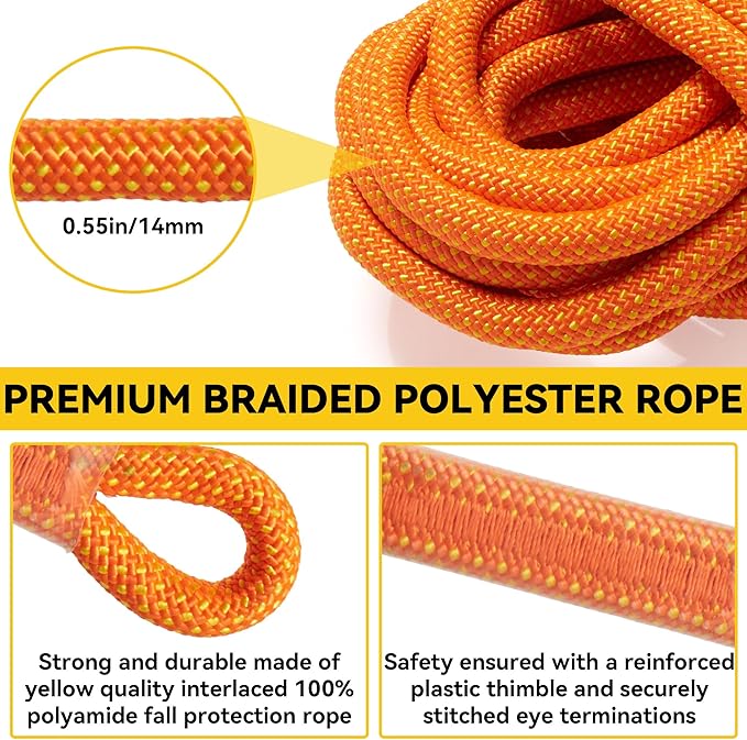 Fall Protection Safety Rope 150FT Roofing Harness Safety Lanyard Tree Climbing Line Kit with Alloy Steel Grab Snap Hooks Shock Absorber Heavy Duty Roof Safety Equipment ANSI CE