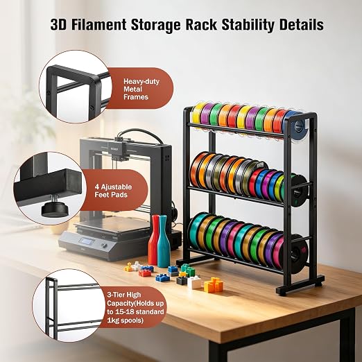 facka 3D Printer Filament Storage Rack, 3-Tier Metal Filament Spool Holder | Desktop Filament Organizer Shelf for 1kg PLA, ABS, TPU, PETG Rolls, Home Office, Studio, Workshop, 3D Printing Workspace