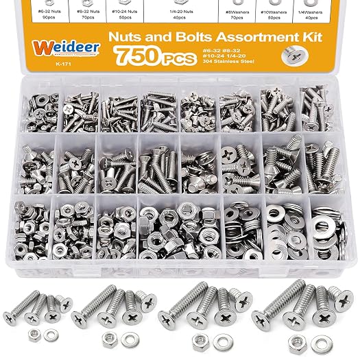 weideer 750PCS Nuts and Bolts Assortment Kit,Stainless Steel Machine Screws, #6-32#8-32#10-24#1/4-20Phillips Flat Head Screws Assorted with Nuts, Bolts,Washers