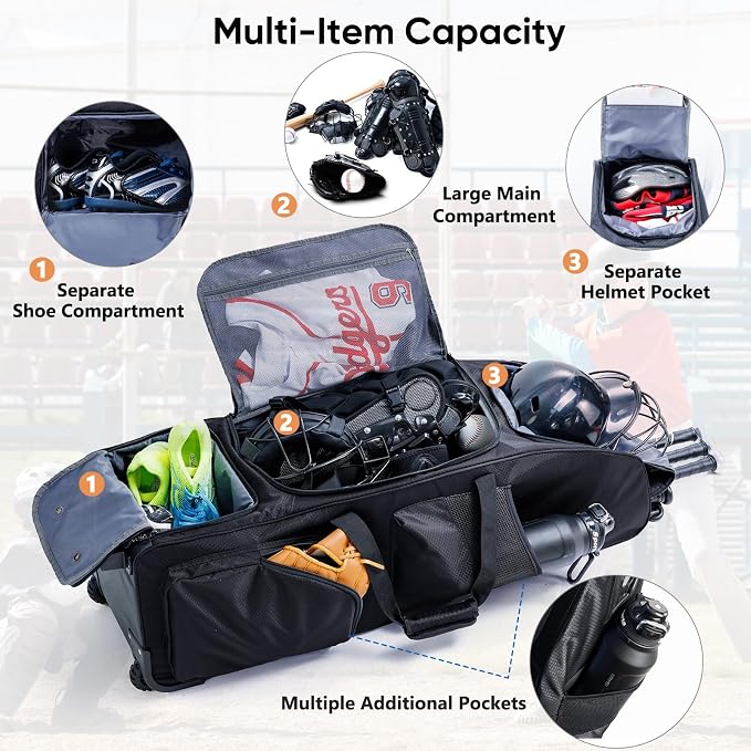 Large Rolling Baseball Catchers Gear Bag with Wheels, Softball Bag with Hard Backing for 4 Bats,Equipment Bag with Separate Shoe & Helmet Compartments, Youth Baseball Bag with 360° Spinner Wheels