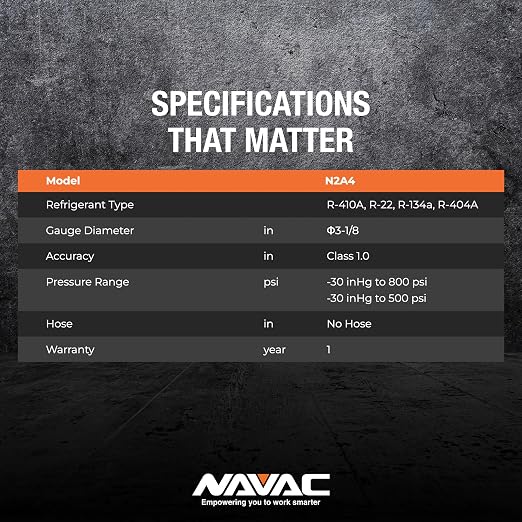 NAVAC N2A4 Manifold Gauge | Class 1.0 Accuracy | Impact-Resistant HVAC Gauge | Aluminum Body and Rubber Cover | Easy-to-Read Analog Display | Folding Hook | 1 Year Warranty