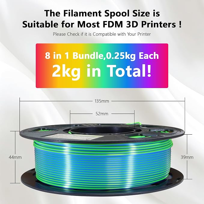 Silk PLA 2 Color in 1 Coextrusion 3D Printer Filament Bundle: White/Red, White/Blue, Blue/Purple, Lime GreenBlue, RedGold, RedBlack, GoldBlack, PurpleBlack, 2Kg Dual Color Silk PLA, 250g x 8