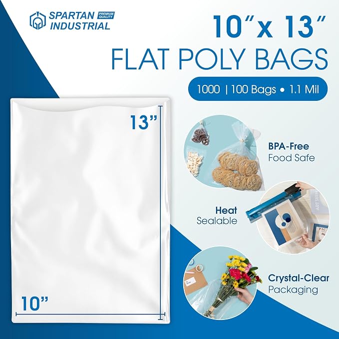 10" X 13" Open-End Flat Poly Bags (1000 Count) - 1.1 Mil Clear Bags for Packaging and Storage - No Adhesive Strip - Spartan Industrial