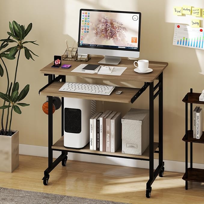 Tangkula Rolling Computer Desk Cart with Keyboard Tray, Mobile Portable Laptop PC Desk with CPU Stand & 3 Hooks for Sofa & Bed, Compact Small Desk on Wheels for Small Spaces (Grey)