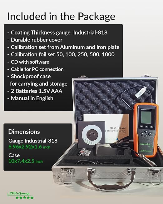 Coating Thickness Gauge Industrial-818 with External Probe – 0–197 mil (0–5000μm) Fe / 0–120 mil (0–3000μm) NFe, 0.001 mil Resolution, Factory/Zero/Multi-Point Calibration, Memory, PC Connectivity