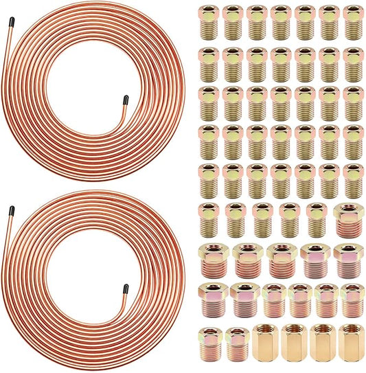 60Pcs 2 Sets 3/16 Inch 25 FT Brake Line Tubing Kit with 58 Pcs Brake Line Fittings, Copper Coated Alloy Steel Brake Lines Kit Replacement for Hydraulic Fuel Transmission Line