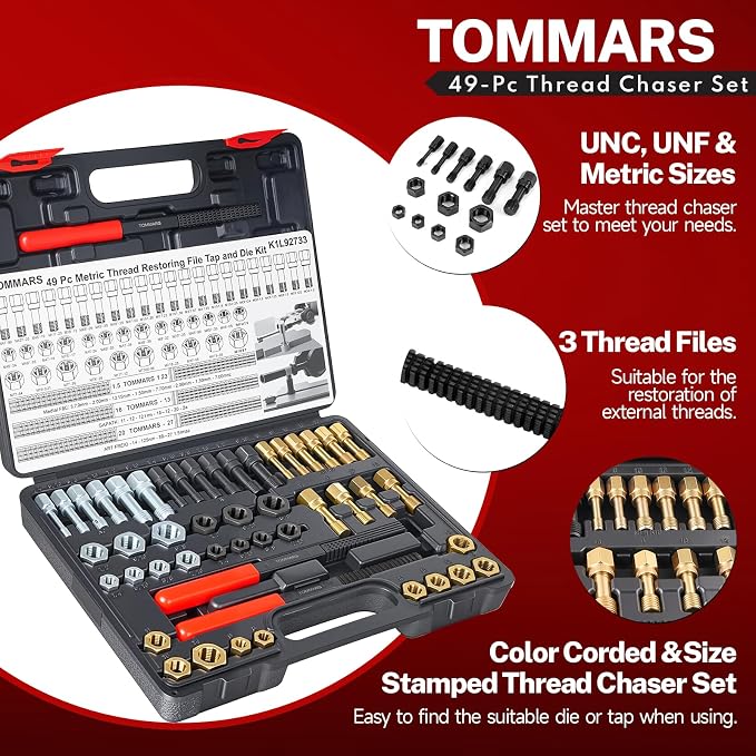 TOMMARS 49-Piece Thread Chaser Set for UNC, UNF and Metric Threads | Thread Repair Kit with Taps, Dies and Thread Files for Rethreading, Restoring and Cleaning Internal and External Threads