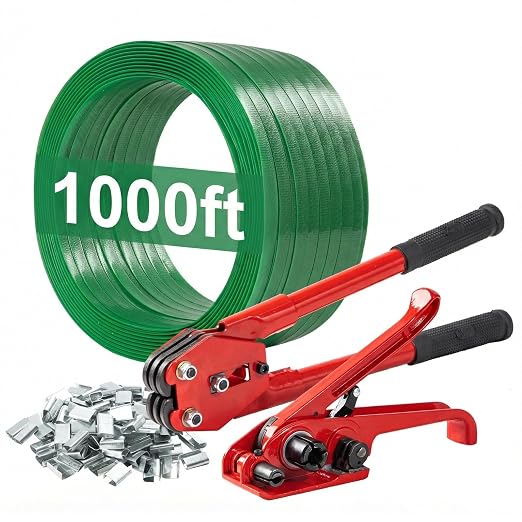 Pallet Banding Strapping Kit, Packaging with Green 5/8" x 1000 Ft PET Strap | 1480 lbs Break Strength Heavy-Duty PET Strapping, Tensioner & Sealer Tool, 100 Metal Seals, For Shipping, Bundling & Cargo