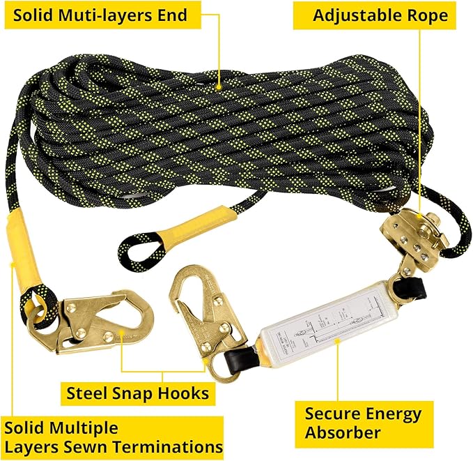 TRSMIMA Rope Harness Safety Lanyard：25/50/100/150ft Vertical Roofing Rope Grab Snap Hooks Shock Absorber Fall Protection Kit