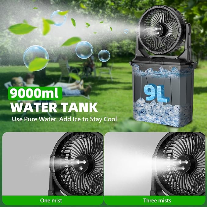 GHORA Portable Misting Fan with 9L Water Tank & 20000mAh Battery, Remote Control, 4 Speed Levels, 4 Misting Modes, RGB LED Lights - Indoor/Outdoor Cooling Fan for Camping, Patios, Garden, Travel