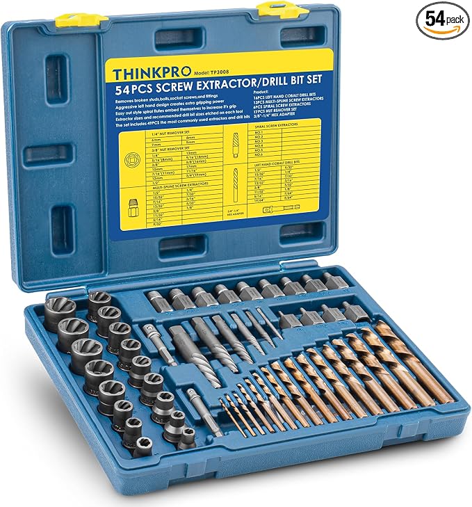 Screw & Bolt Extractor Set and Left Hand Drill Bit Kit, 54 PCS | Easy Out Stripped Screw Remover, Hex Adapter, Lug Nut Remover, For Broken, Damaged, Rusted, Rounded-Off Studs