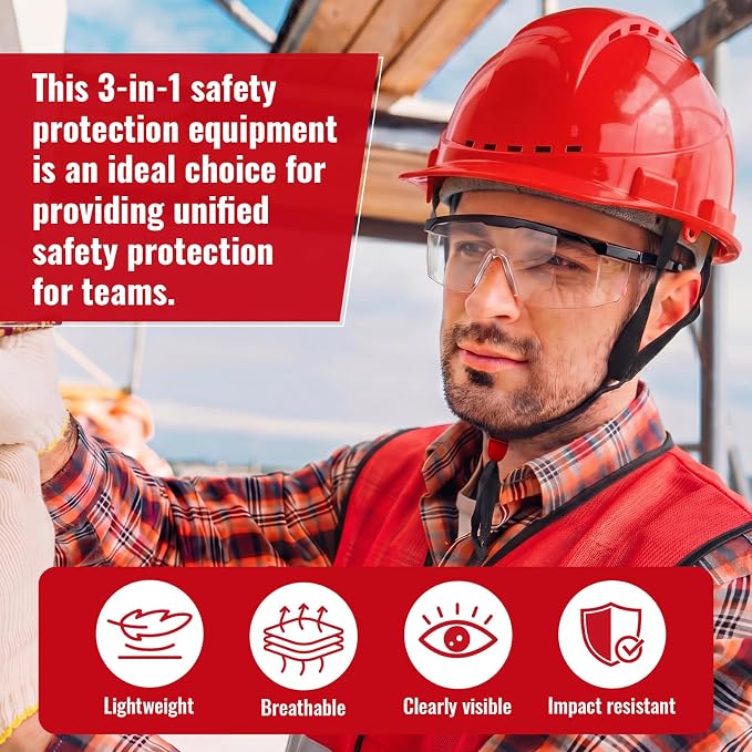 Mumufy 18 Pcs Suspension Hard Hats Safety Helmets Vented Cap Style Helmet with High Visibility Vest Mesh Reflective Anti Fog Safety Goggles Adjustable Temples for Construction Work (Red)