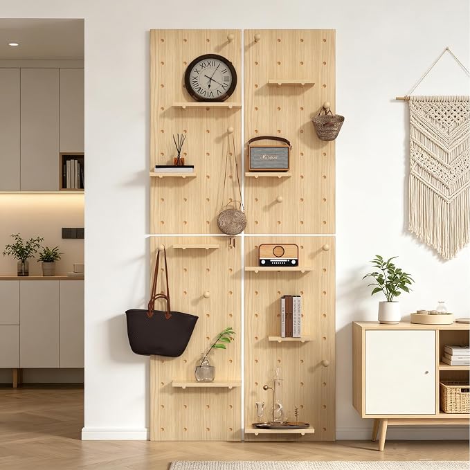 AMSXNOO Wood Pegboard Wall Organizer Panels, Wooden Pegboard Combination Wall Organizer Kit, Display Peg Board Panel Kits for Office Bedroom Livingroom (Original Wooden Color, 31.5X70.9IN/80X180CM)