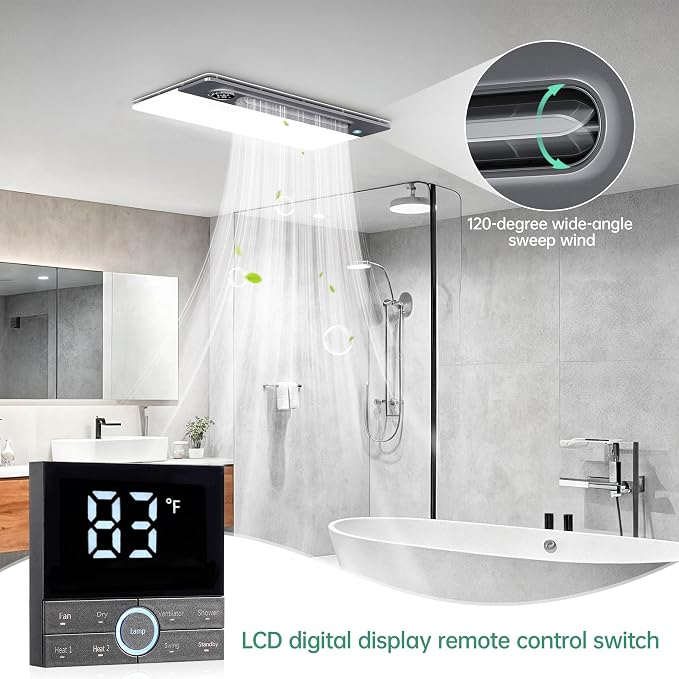 VallisCo Bathroom Fan with Light and 1900W Heater, 180 CFM Ventilation, Remote Control,Quiet Exhaust, 4-in-1 Design for Heating, Lighting, Ventilation & Air Circulation for Comfort in Any Season
