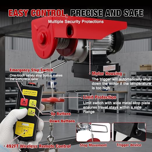 Nilight 1320LBS Electric Hoist 110V Electric Winch with Wireless Remote, Hoist Lift Single/Double Slings 39FT Lifting Height Material Handling Tool with Emergency Stop for Garage Warehouses Factories